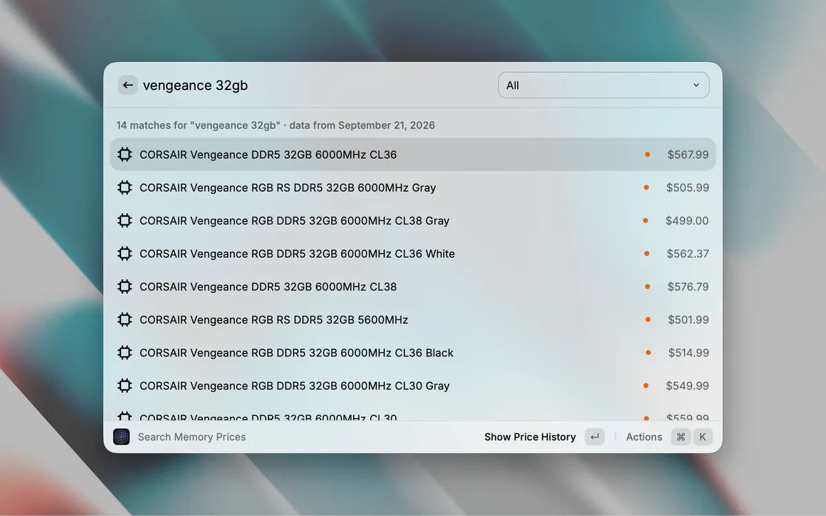 A Raycast window showing a search for vengeance 32gb. A header line reads 14 matches, with the date the data was computed. Below it, rows of Corsair Vengeance DDR5 32GB kits, each with a colored dot and a price on the right. A category dropdown set to All sits at the top right.